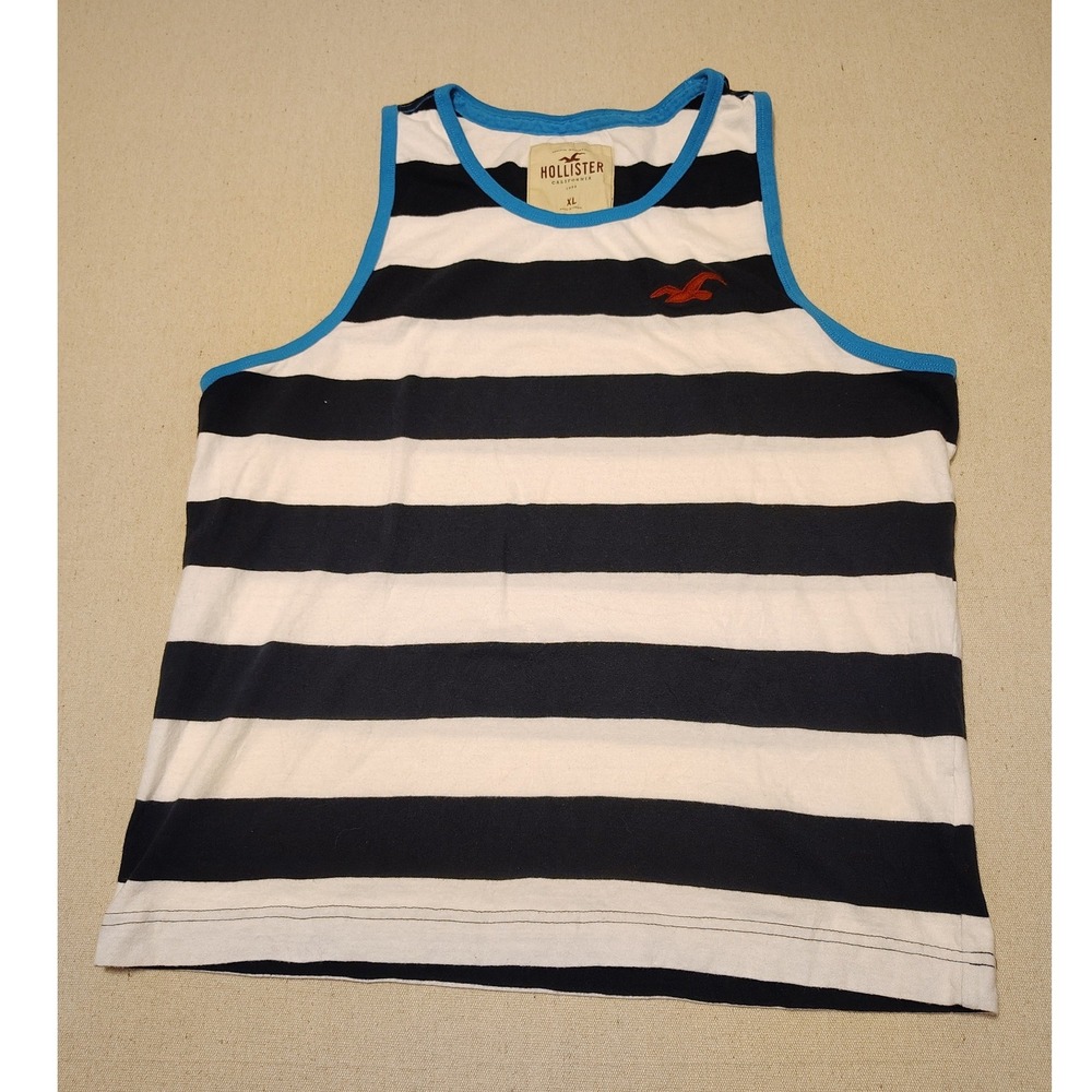 Hollister Mens Tank Top XL Navy Blue White‎ Striped Sleeveless Seagull Shirt Q